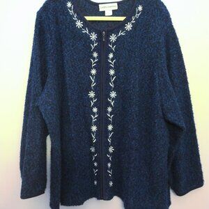 Vintage 80s Women's Cardigan Embroidered Full Zip Navy Blue Sz 3X Cathy Daniels